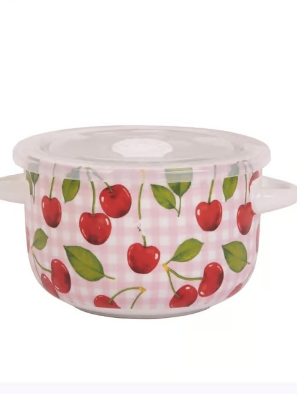 Cherries Gingham Decor 🍒 2 Handle Bowl with Lid 25oz NEW